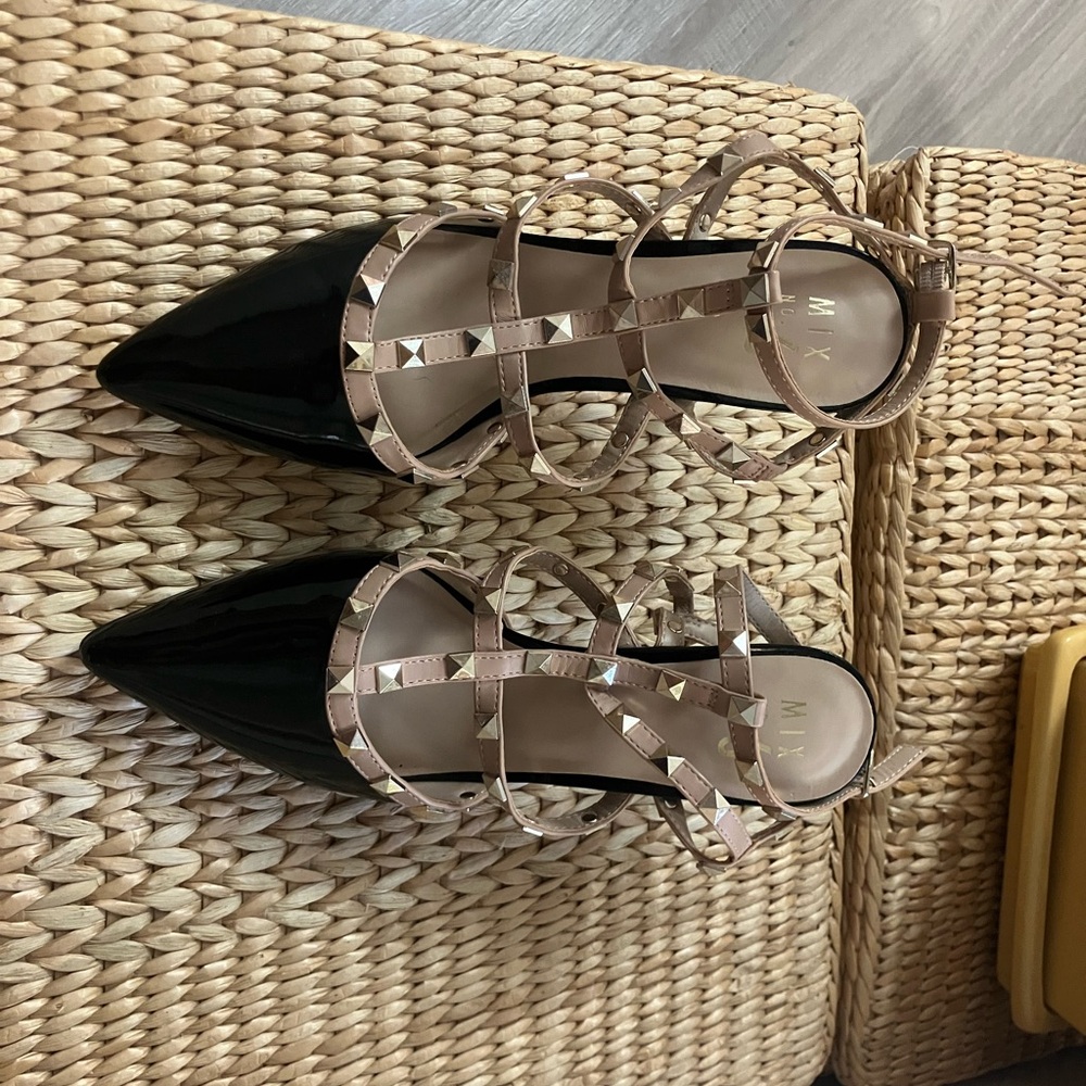 Women's Black and Tan Studded Heels